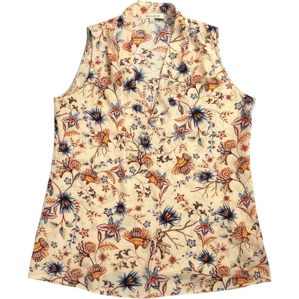 Rose + Olive Floral Sleeveless V-Neck Blouse Cream Blue Orange Medium